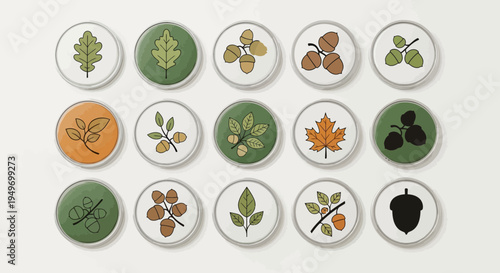 Autumnal foliage illustrations stylized leaves and acorns on white background