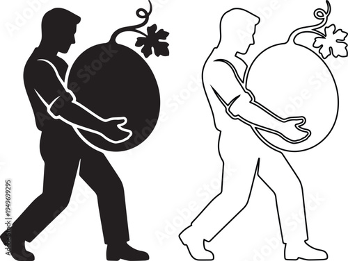 Professional vector silhouette of a man carrying a large watermelon with a leaf, featuring minimalist line art perfect for agriculture, summer harvest, and healthy food concepts.