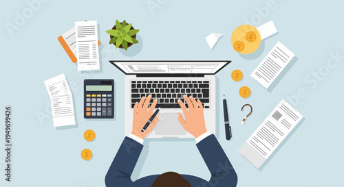 Businessman analyzing data on tablet at desk.