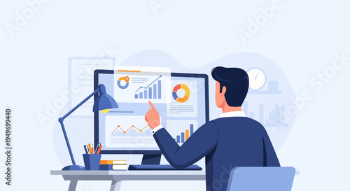 Businessman analyzing data on tablet at desk.