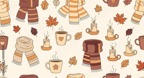 Autumnal pattern cozy scarves candles and hot drinks in repeating design