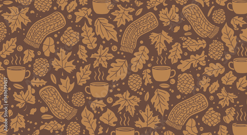 Autumnal pattern decorative elements of leaves mugs and knitted sleeves