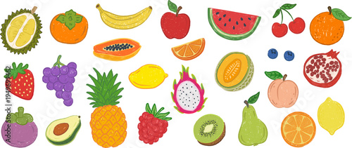 A collection of realistic fruit illustrations, suitable for supermarket promotional posters, juice brand packaging, food blog illustrations, and kindergarten nutrition curriculum materials.