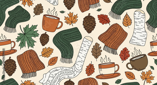 Autumnal pattern illustration featuring warm beverages scarves and foliage