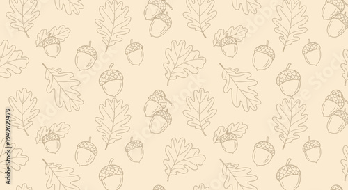Autumnal pattern oak leaves and acorns on beige background