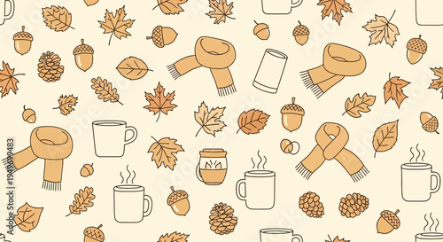 Autumnal pattern leaves scarves coffee cups and acorns on cream background