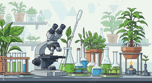 Laboratory workspace with microscope plants and various scientific equipment for research and experimentation