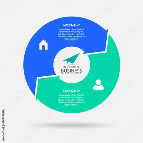 Vector circle arrows infographics 2 options, parts, steps. Template for cycle diagram, graph, puzzle presentation and round chart. Business concept with data processes.