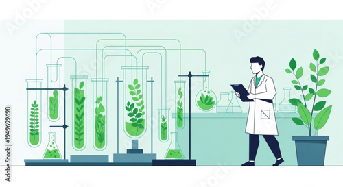 Scientist in lab coat examines plants in test tubes and a potted plant in a laboratory setting with clipboard