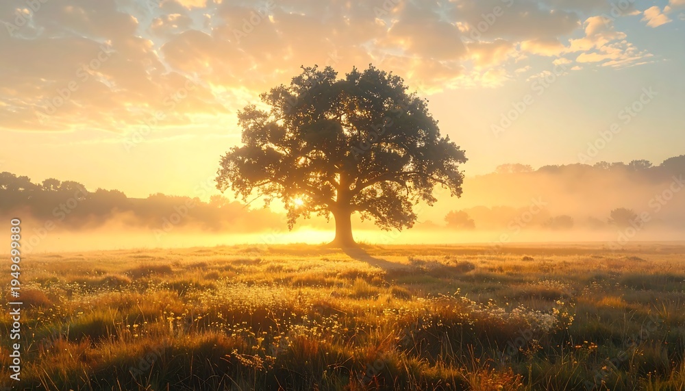 Fototapeta premium A serene landscape of a lone tree at sunrise in a foggy meadow