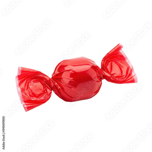 A single red candy wrapped in shiny red foil on a white background isolated on transparent background