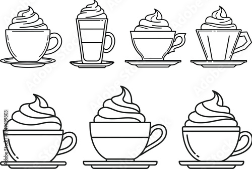 A collection of seven simple black and white line art illustrations of coffee cups with whipped cream