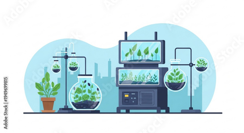 Indoor smart garden system with plants growing in pots and hydroponic equipment on a city background illustrating sustainable urban farming and technology for greenery and eco