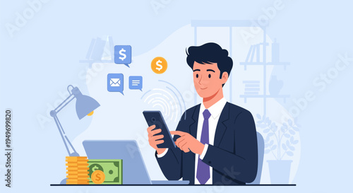 Businessman analyzing data on tablet at desk.