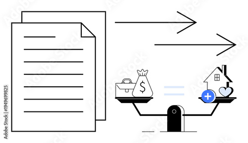 Financial balance concept. Visualizing documents, money, and real estate on scales for decision-making. Financial balance between assets such as cash, property, and investments. For finance apps