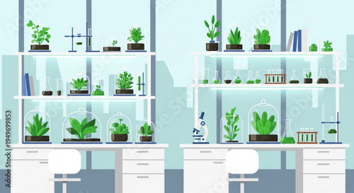 Modern office interior with lush green plants on white desks and shelves minimalist decor