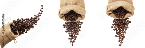 Bilde på lerret Roasted coffee beans spilling out of a rustic burlap sack on wooden background