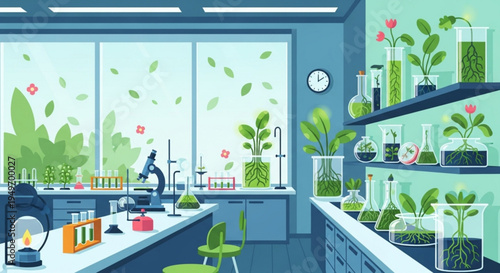 Botany laboratory with plants in test tubes and scientist equipment for plant research and experimentation
