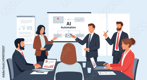 Flat vector illustration of business consultants in a boardroom meeting discussing artificial intelligence automation, featuring a presenter at a screen and colleagues with laptops.
