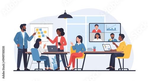 Vector illustration of diverse business professionals in a modern office workspace conducting a hybrid meeting with remote colleagues via video call, using a whiteboard and laptops.