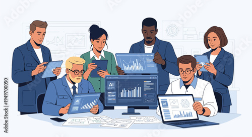 Businessman analyzing data on tablet at desk.