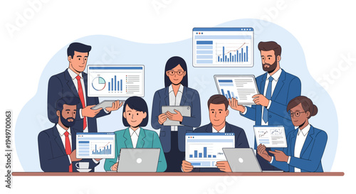 Businessman analyzing data on tablet at desk.