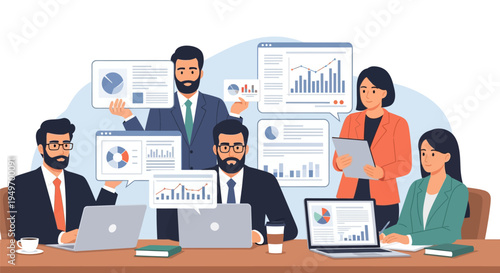 Businessman analyzing data on tablet at desk.