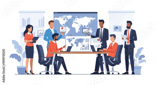 Diverse business team in a modern office analyzing global market data on world maps and digital charts for strategic planning, international corporate management, and teamwork.