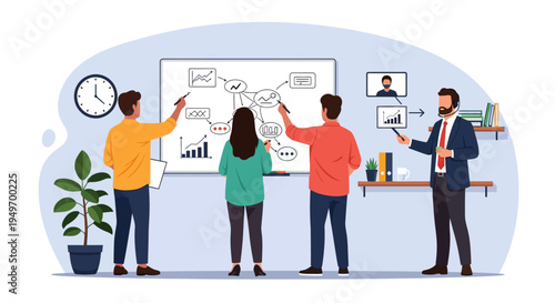 Diverse hybrid team of professionals conducting a strategy meeting in an office setting, drawing charts and diagrams on a large whiteboard with a remote colleague participating.