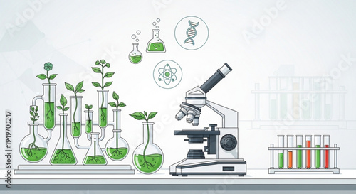 Laboratory equipment for plant research and genetic analysis with microscope test tubes and beakers on a white background illustrating biotechnology and scientific experimentation