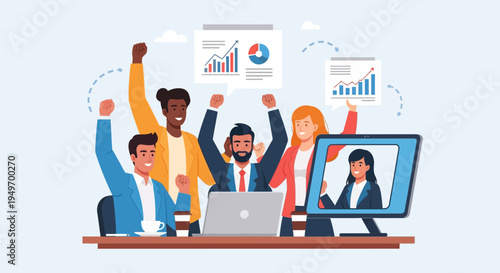 Flat vector illustration of a diverse hybrid office team celebrating achievement with raised fists, including a colleague on a video call and charts showing business growth.