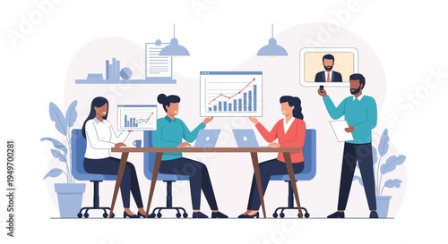 Diverse business team in a modern office analyzing financial growth charts and data on screens with laptops while conducting a hybrid meeting with a remote colleague via video call.