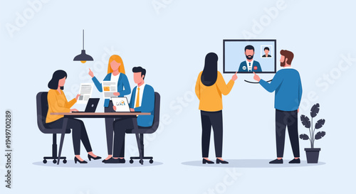 Vector illustration of a professional business team in a hybrid work setting, featuring colleagues collaborating at an office desk and remote workers participating in a video call.