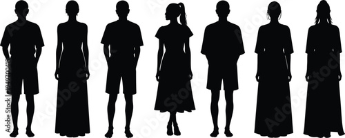 Vector silhouette illustration of diverse people standing in row with alternating clothing styles, fashion diversity concept design for stock content