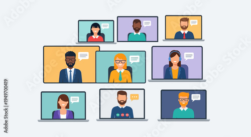 Flat vector illustration of a diverse group of professional men and women participating in a virtual video conference on laptop screens with speech bubbles on a white background.