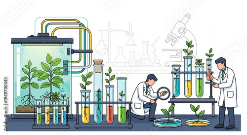 Scientists in laboratory conducting plant research with test tubes and equipment