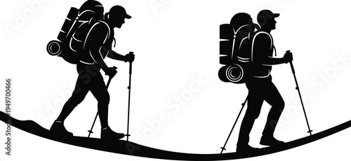 Vector silhouette illustration of two hikers walking with backpacks and trekking poles on curved terrain, outdoor adventure exploration design concept