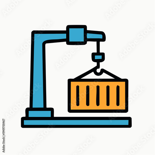 Vibrant vector illustration of a gantry crane lifting a shipping container, symbolizing global logistics, international trade, freight transport, and efficient cargo delivery at a port