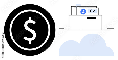 Finance concept. Finance symbols highlight economic transactions and digital tools. Finance involving cloud storage, dollar sign, and virtual resume management. For HR, fintech, and job markets