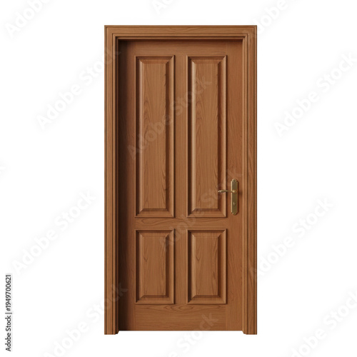 A beautifully crafted wooden door with a classic panel design and a brass door knob. isolated on transparent background