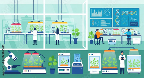 Scientists working in a laboratory with plants and various equipment for research and development in biotechnology