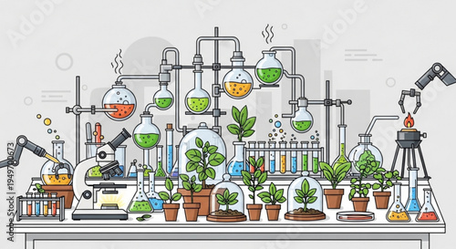 Botanical laboratory with plants and scientific equipment for research and experimentation in a modern lab setting