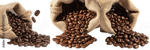Foto Set of roasted coffee beans spilling out of burlap jute sacks isolated on transp