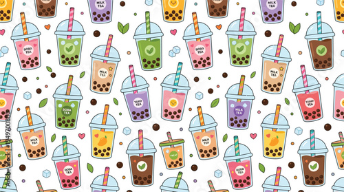 Seamless Pattern Of Colorful Boba Tea Drinks For Food Packaging