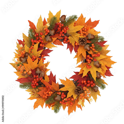 A vibrant autumn wreath featuring colorful leaves and berries in a circular arrangement. isolated on transparent background