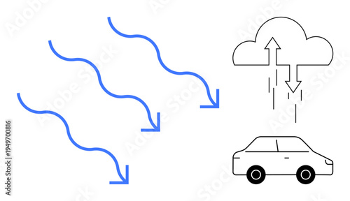 Airflow and weather impact. Visual of airflow, precipitation, and their effects on cars. Airflow influences vehicle dynamics and environmental conditions. Useful for weather, auto, and climate