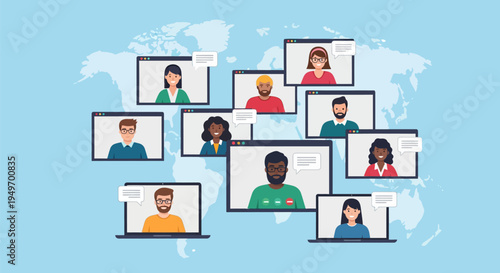 Flat vector illustration of a diverse global team participating in a video conference call with various avatars in windows and laptops over a blue world map background.
