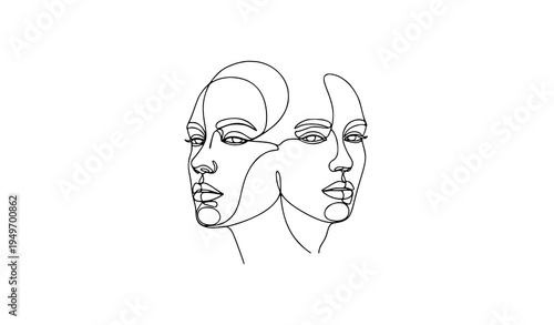 Minimal continuous one line drawing of two human faces abstract modern portrait vector design