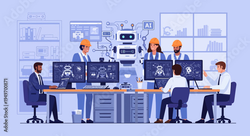 Diverse team of male and female engineers and developers collaborating on artificial intelligence and humanoid robotics research in a laboratory with computer screens and diagrams.
