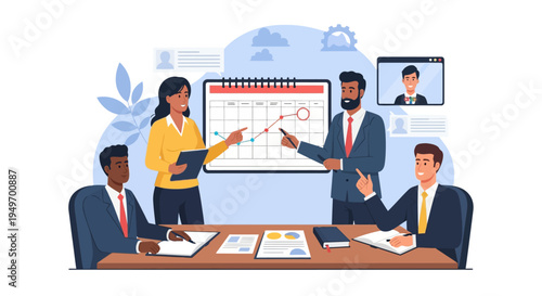 Flat vector illustration of a diverse corporate team in a business meeting analyzing an upward growth chart on a large calendar during a hybrid video conference call.